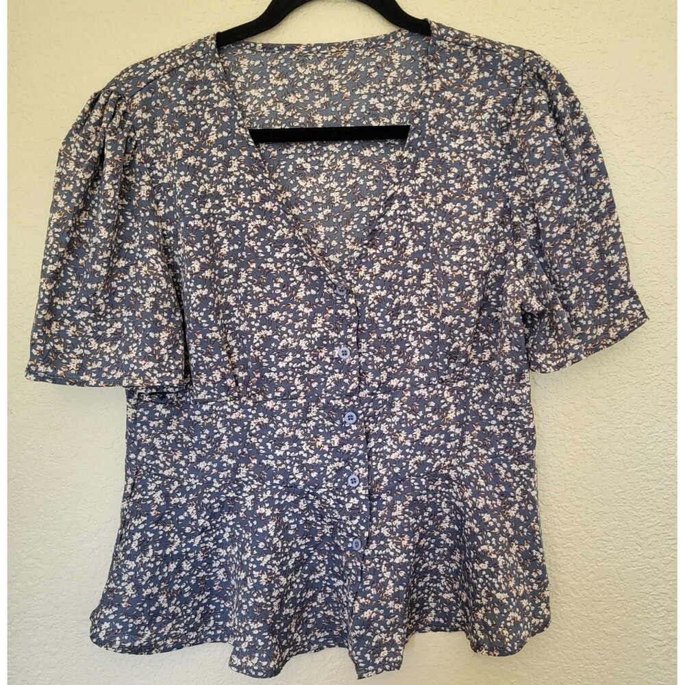 Shein Floral Peplum Button Down Blouse Short Sleeve V Neck Casual  Office Large